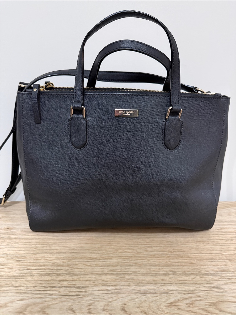 kate spade black leather satchel with gold-tone hardware